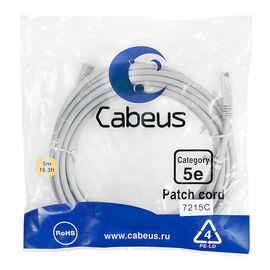  Патч-корд Cabeus (PC-UTP-RJ45-Cat.5e-5m) U/UTP, категория 5е, 2xRJ45/8p8c, неэкранированный, серый, PVC, 5м 
