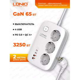  Сетевой удлинитель LDNIO SE3436 /  2м/ 3 розетки/ 3250W/ 4 USB: QC 4.0+PD 3.0+PPS/ GAN 65W/ Белый, (Арт. LD_D0425) 