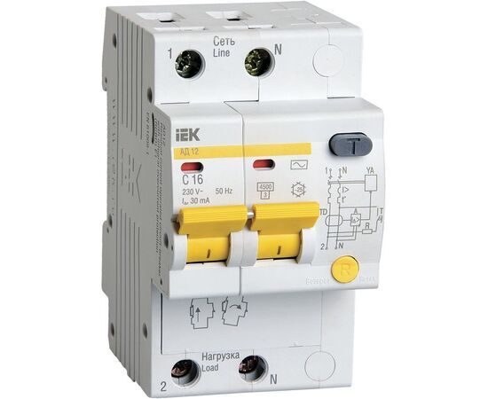  Выключатель автом. дифф. тока IEK АД12 MAD10-2-016-C-030 16A тип C 4.5kA 30мА AC 2П 230В 3мод белый 