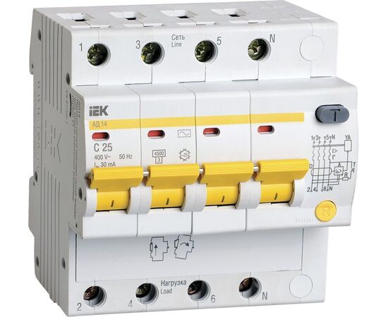  Выключатель автом. дифф. тока IEK АД14 MAD10-4-025-C-030 25A тип C 4.5kA 30мА AC 4П 230/400В 5мод белый 