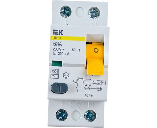  Выключатель IEK ВД1-63 (MDV10-2-063-300) дифф.тока УЗО  63A 300мА AC 2П 230В 2мод белый (упак.:1шт) 