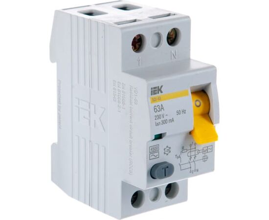  Выключатель IEK ВД1-63 (MDV10-2-063-300) дифф.тока УЗО  63A 300мА AC 2П 230В 2мод белый (упак.:1шт) 