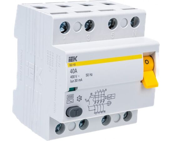  Выключатель IEK ВД1-63 (MDV10-4-040-030) дифф.тока УЗО  40A 30мА AC 4П 400В 4мод белый (упак.:1шт) 