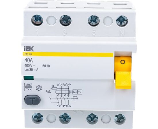  Выключатель IEK ВД1-63 (MDV10-4-040-030) дифф.тока УЗО  40A 30мА AC 4П 400В 4мод белый (упак.:1шт) 