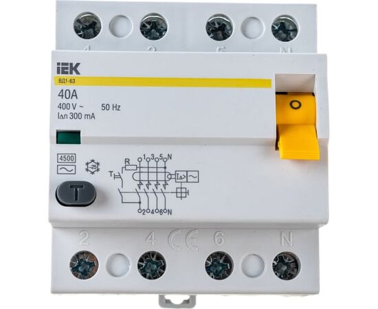  Выключатель IEK ВД1-63 (MDV10-4-040-100) дифф.тока УЗО  40A 100мА AC 4П 400В 4мод белый (упак.:1шт) 