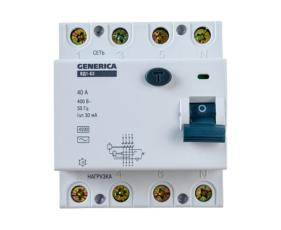  УЗО IEK ВД1-63 Generica (MDV15-4-040-030 ) 40A 4.5kA 30мА AC 4П 400В 4мод серый (упак. 1шт) 