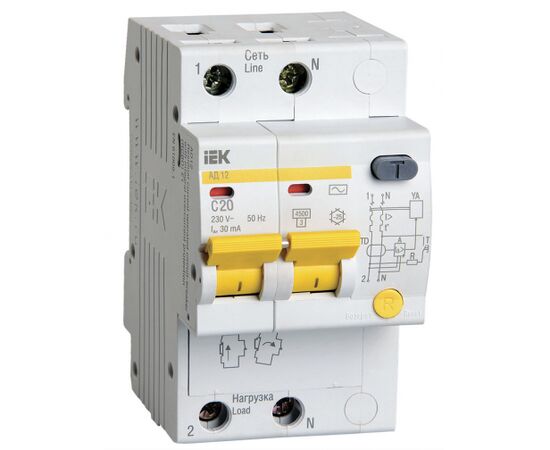  Выключатель IEK MAD10-2-020-C-030 автом. дифф. тока АД12 20A тип C 4.5kA 30мА AC 2П 230В 3мод белый (упак.:1шт) 